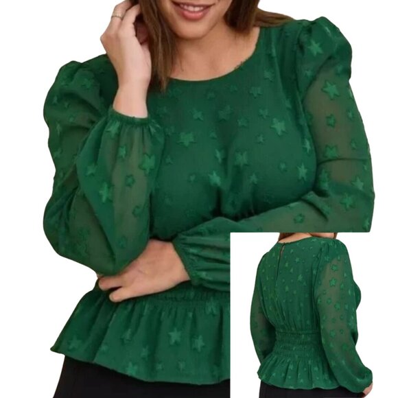 torrid Tops - Torrid Green Star Semi-Sheer Long Sleeve Elastic Waist Blouse, Size 2X #274